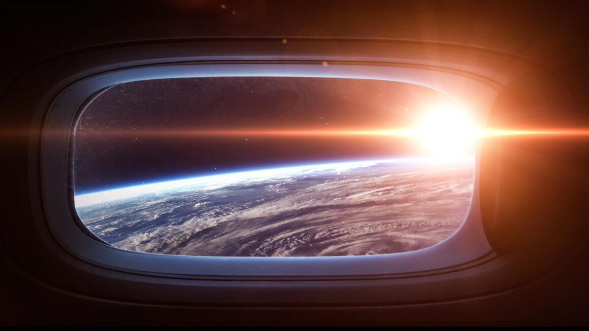 Planet Earth from the viewpoint of a spaceship window porthole