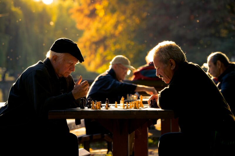 Two elderly men playing chess in the park
