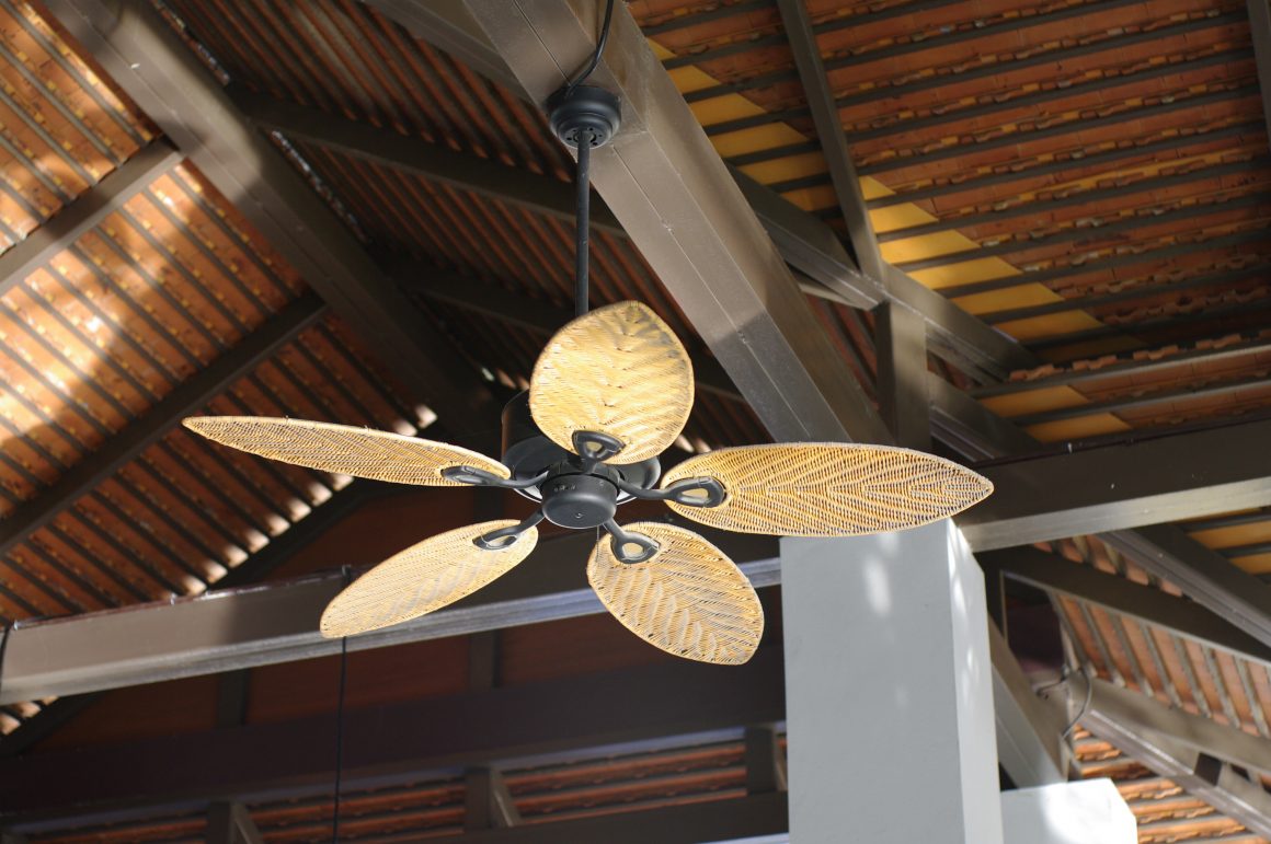 Outdoor ceiling fan with tropical imprinted, wicker design with additional features including a switch for winter