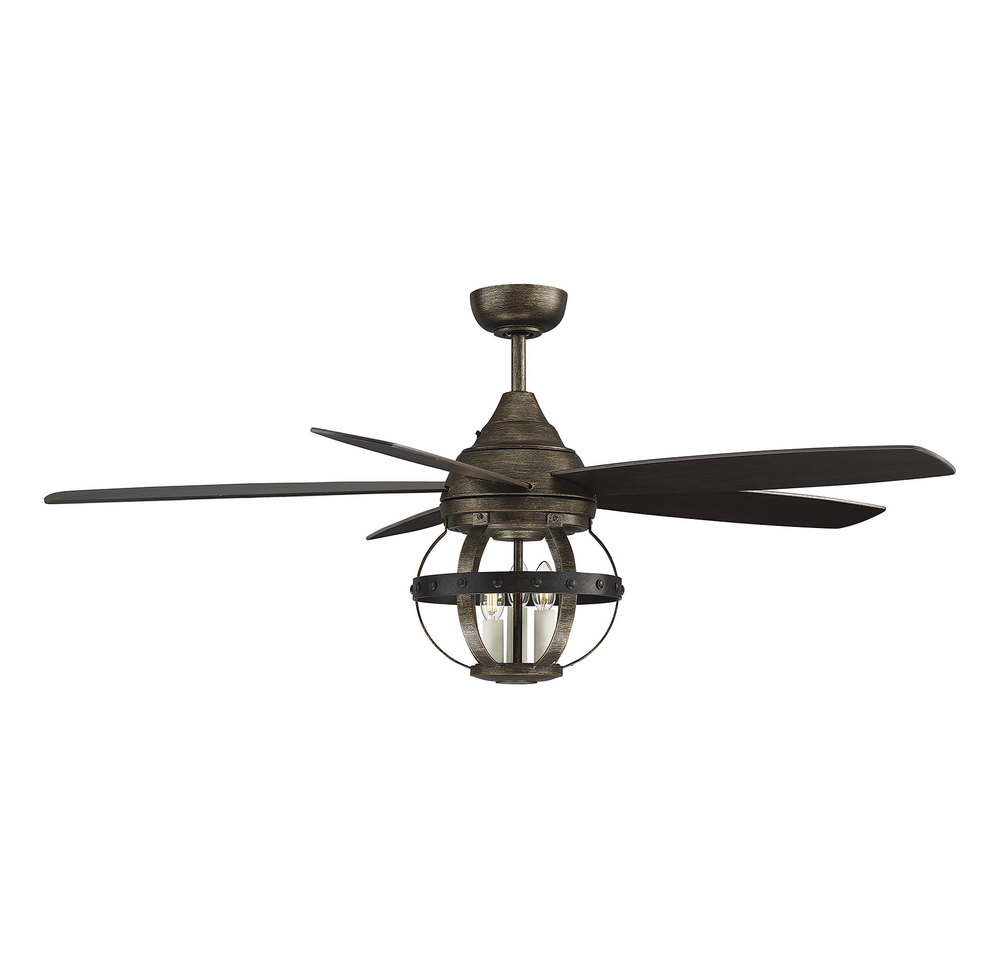 A ceiling fan made from reclaimed wood and bronze hardware