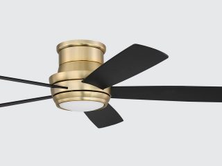 A cost-effective ceiling fan that has black blades and gold base