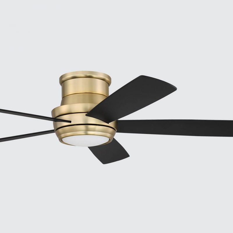 A cost-effective ceiling fan that has black blades and gold base